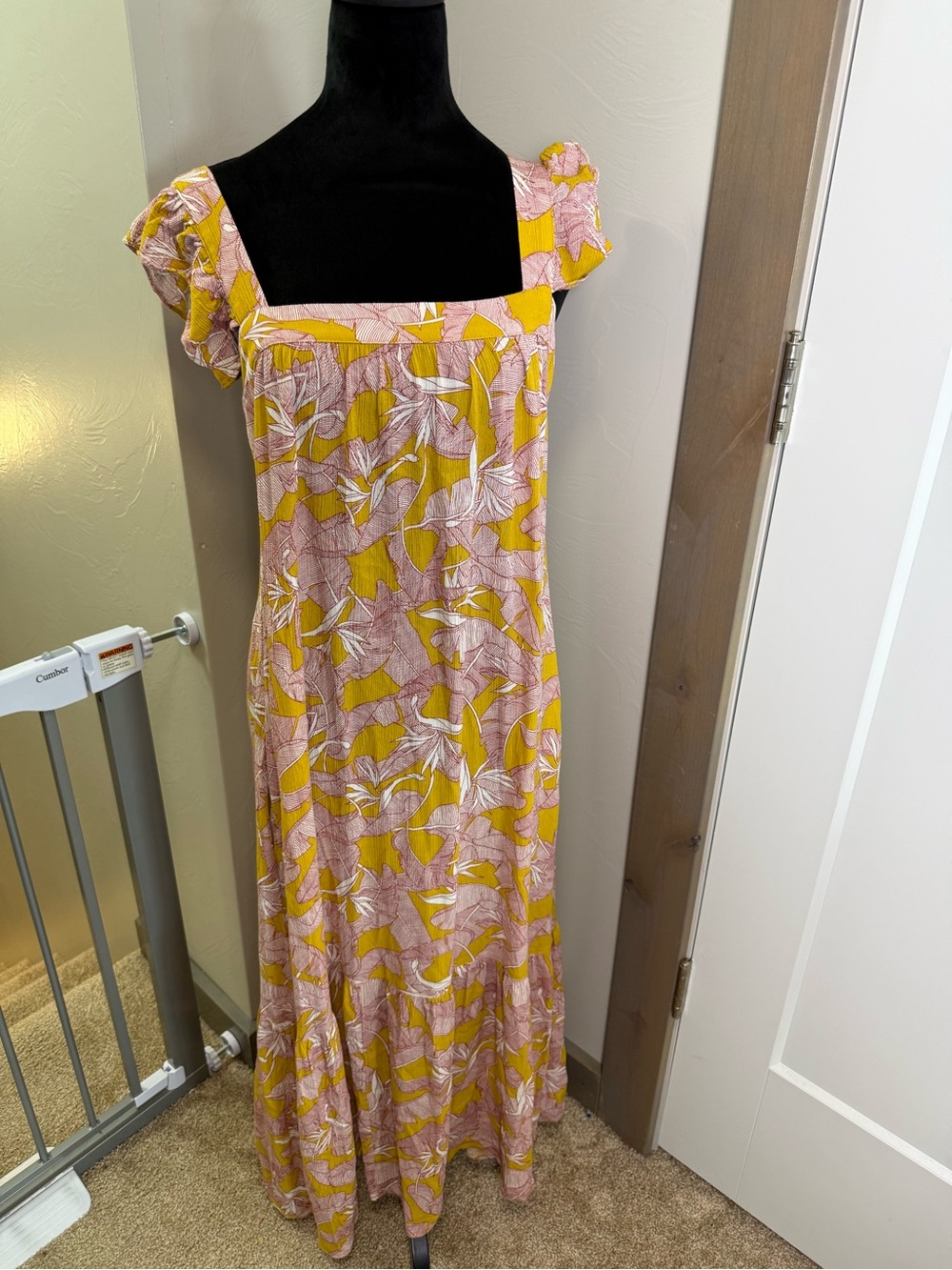 Knox Rose Square Neck Flutter Cap Sleeve Maxi Dress Yellow Pink Floral Tropical - Picture 2 of 12